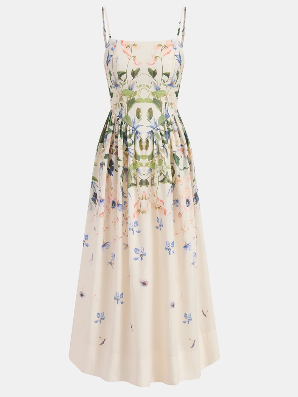 Commense Cream Floral Spaghetti-Strap Maxi Dress with Green and Blue Accents